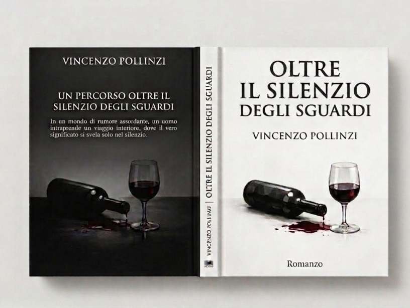 Copertina del romanzo Oltre il silenzio degli sguardi di Vincenzo Pollinzi, con una bottiglia di vino rovesciata e un calice su uno sfondo essenziale che richiama introspezione, silenzio e riflessione interiore.