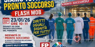 Manifestazione simbolica davanti a un Pronto Soccorso con operatori sanitari, infermieri, OSS, tecnici e personale amministrativo riuniti per chiedere pari riconoscimento professionale e condizioni di lavoro più eque.