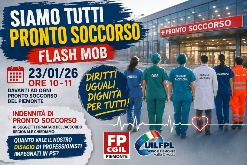 Manifestazione simbolica davanti a un Pronto Soccorso con operatori sanitari, infermieri, OSS, tecnici e personale amministrativo riuniti per chiedere pari riconoscimento professionale e condizioni di lavoro più eque.