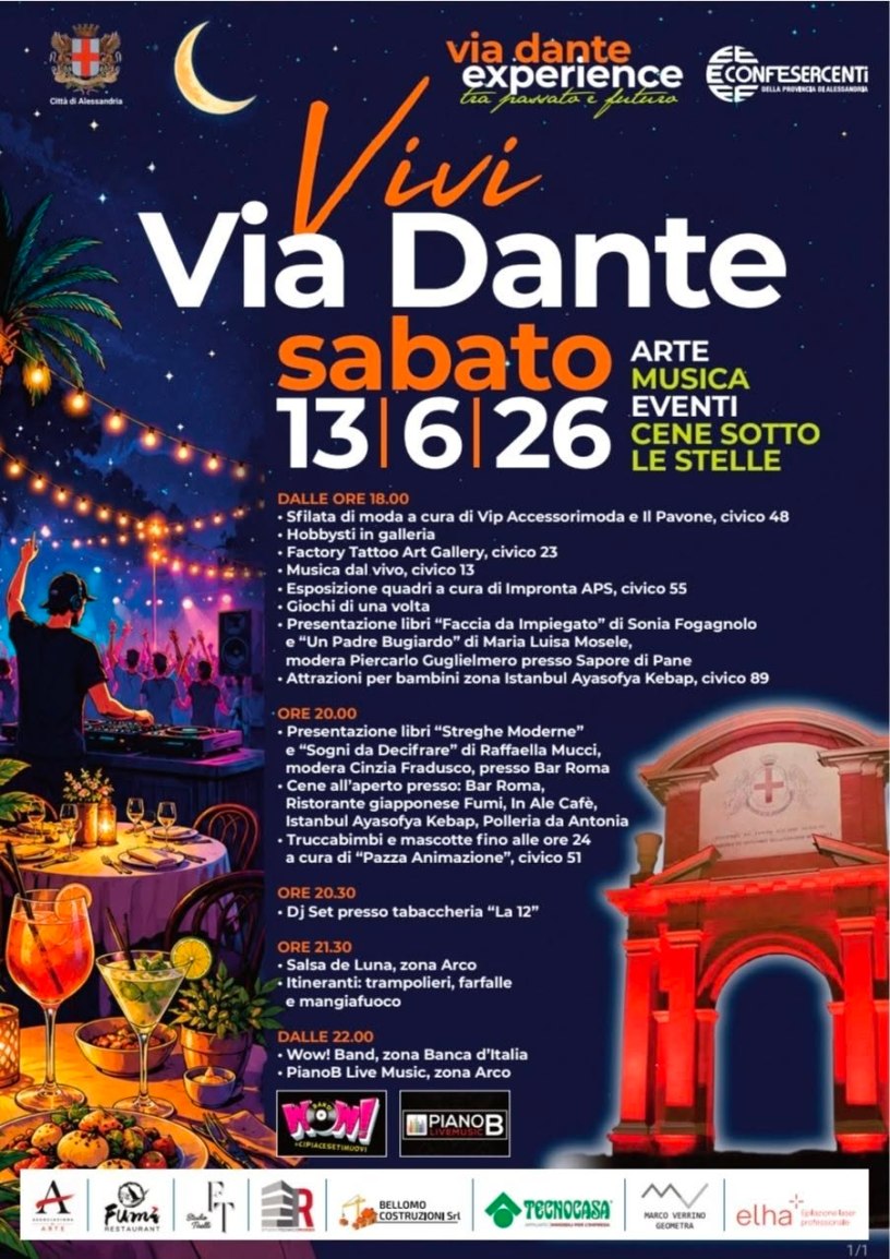 Locandina ufficiale di Vivi Via Dante 2026 ad Alessandria con programma di eventi, musica dal vivo, arte, presentazioni di libri, spettacoli e cene sotto le stelle.