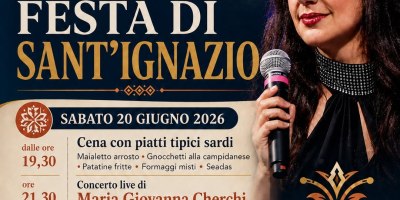 Locandina ufficiale della XXX Festa di Sant’Ignazio organizzata dal Circolo Culturale Sardo Su Nuraghe di Alessandria, con il programma delle giornate del 20 e 21 giugno 2026 e la partecipazione della cantante Maria Giovanna Cherchi.
