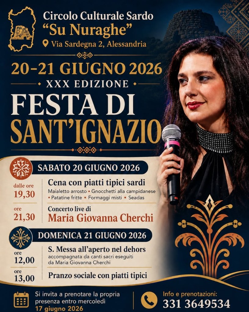 Locandina ufficiale della XXX Festa di Sant’Ignazio organizzata dal Circolo Culturale Sardo Su Nuraghe di Alessandria, con il programma delle giornate del 20 e 21 giugno 2026 e la partecipazione della cantante Maria Giovanna Cherchi.