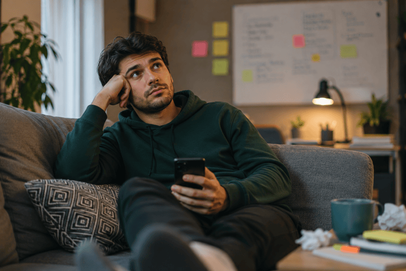 Uomo seduto sul divano mentre osserva il vuoto con lo smartphone in mano, immerso nei propri pensieri e nella tendenza a rimandare decisioni e impegni importanti. L'immagine rappresenta la procrastinazione e la cosiddetta sindrome del "ci penso domani".