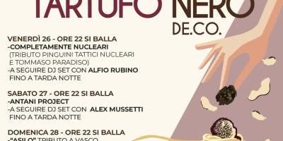 Locandina ufficiale della 3ª Sagra del Tartufo Nero De.Co. di Terruggia, in programma dal 26 al 28 giugno 2026 presso il Parco Villa Poggio, con calendario degli spettacoli musicali e informazioni gastronomiche.