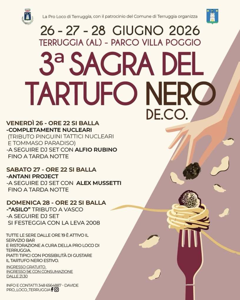 Locandina ufficiale della 3ª Sagra del Tartufo Nero De.Co. di Terruggia, in programma dal 26 al 28 giugno 2026 presso il Parco Villa Poggio, con calendario degli spettacoli musicali e informazioni gastronomiche.