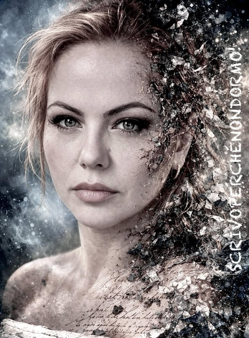Ritratto artistico di una donna con lo sguardo intenso e parte del volto che si dissolve in frammenti luminosi e polvere cosmica. L'immagine simboleggia trasformazione, rinascita, memoria, fragilità e ricostruzione interiore.