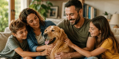 Famiglia sorridente riunita sul divano di casa mentre accarezza affettuosamente un can