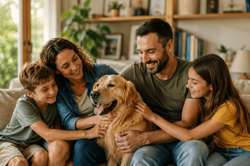 Famiglia sorridente riunita sul divano di casa mentre accarezza affettuosamente un can