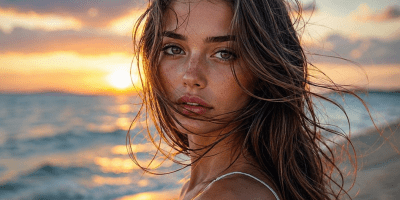Ritratto fotografico di una giovane donna sulla spiaggia al tramonto, con i capelli mossi dal vento e lo sguardo intenso rivolto verso l'orizzonte marino.