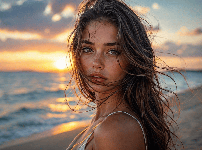 Ritratto fotografico di una giovane donna sulla spiaggia al tramonto, con i capelli mossi dal vento e lo sguardo intenso rivolto verso l'orizzonte marino.