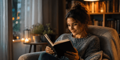 Donna immersa nella lettura di un libro in un ambiente accogliente e silenzioso, illuminato da una luce calda serale, simbolo di riflessione, concentrazione e crescita personale.