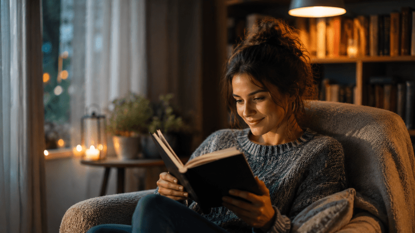 Donna immersa nella lettura di un libro in un ambiente accogliente e silenzioso, illuminato da una luce calda serale, simbolo di riflessione, concentrazione e crescita personale.