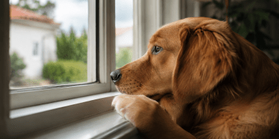 Cane che osserva attentamente dalla finestra di casa, con lo sguardo rivolto verso l'esterno, simbolo dell'attesa, della memoria e del legame affettivo con il proprio proprietario.