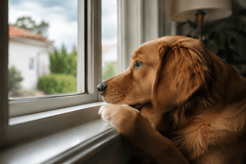 Cane che osserva attentamente dalla finestra di casa, con lo sguardo rivolto verso l'esterno, simbolo dell'attesa, della memoria e del legame affettivo con il proprio proprietario.