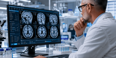 Ricercatore in laboratorio di neuroscienze mentre analizza immagini cerebrali digitali su un monitor ad alta definizione durante uno studio sulle nuove terapie contro il morbo di Alzheimer.