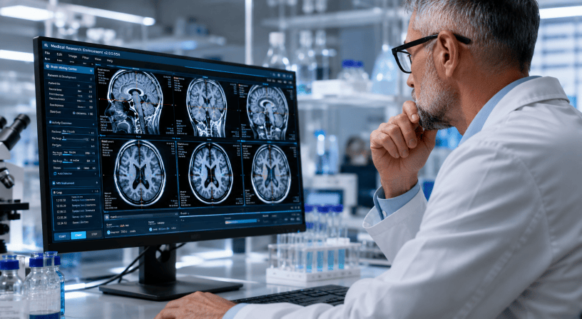 Ricercatore in laboratorio di neuroscienze mentre analizza immagini cerebrali digitali su un monitor ad alta definizione durante uno studio sulle nuove terapie contro il morbo di Alzheimer.
