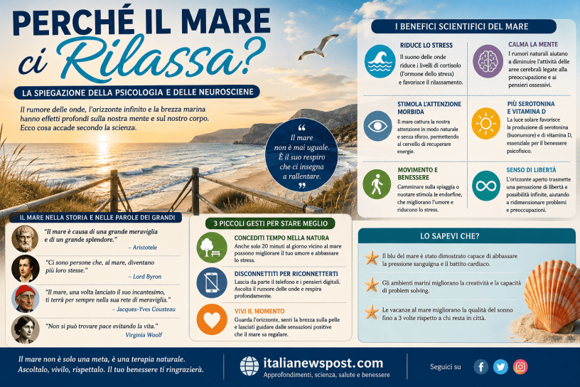 Paesaggio marino al tramonto con spiaggia, onde, mare cristallino e contenuti divulgativi dedicati agli effetti positivi del mare sulla mente e sul benessere psicofisico secondo psicologia e neuroscienze.
