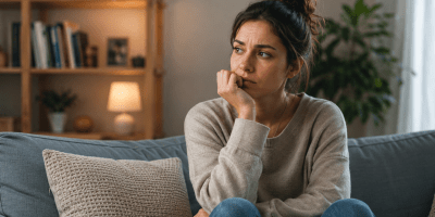 Donna seduta sul divano in un ambiente domestico, assorta nei propri pensieri, immagine che rappresenta l'overthinking sociale e la tendenza a ripensare continuamente alle conversazioni.