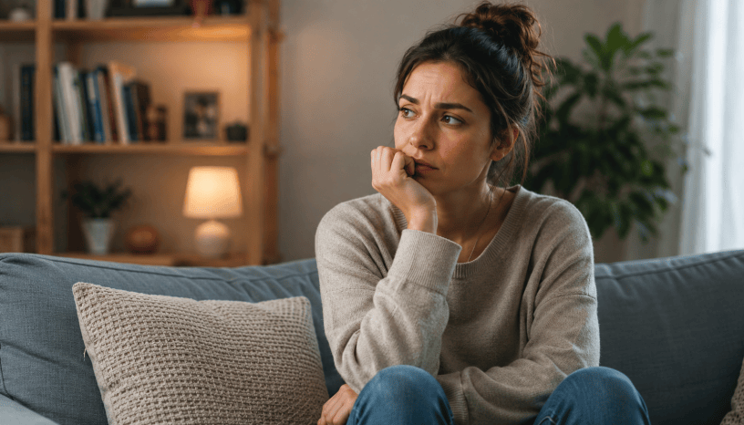 Donna seduta sul divano in un ambiente domestico, assorta nei propri pensieri, immagine che rappresenta l'overthinking sociale e la tendenza a ripensare continuamente alle conversazioni.