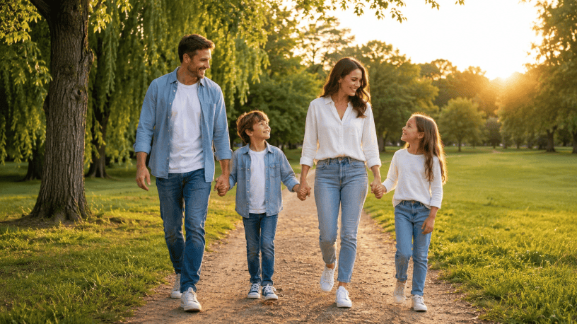 Una famiglia composta da padre, madre e due figli cammina sorridendo in un grande parco illuminato dalla luce dorata del tramonto, simbolo di speranza, unità e fiducia nel futuro.