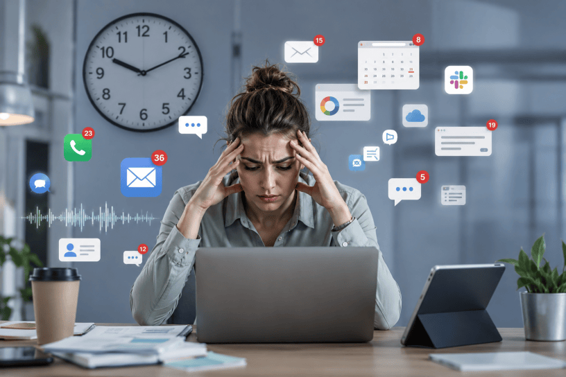 Donna al lavoro davanti al computer circondata da notifiche digitali, smartphone e strumenti tecnologici, simbolo dello stress e della mancanza di tempo nella società moderna.