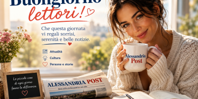 Giovane donna sorridente con una tazza tra le mani in un ambiente luminoso e accogliente, circondata da libri, fiori e luce naturale del mattino, immagine dedicata al buongiorno dei lettori di italianewspost.it.
