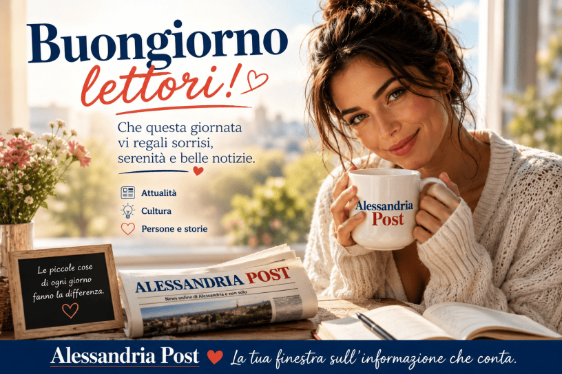 Giovane donna sorridente con una tazza tra le mani in un ambiente luminoso e accogliente, circondata da libri, fiori e luce naturale del mattino, immagine dedicata al buongiorno dei lettori di italianewspost.it.