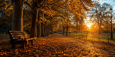 Paesaggio autunnale ispirato alla poesia “Giorno d’autunno” di Rainer Maria Rilke, con alberi dorati, cielo malinconico e atmosfera contemplativa.