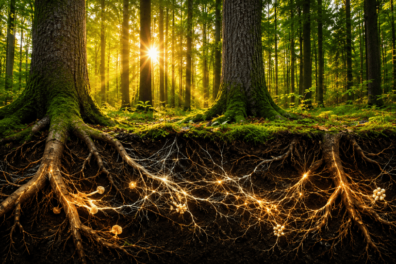 Foresta illuminata dai raggi del sole con una rappresentazione delle radici sotterranee collegate da una rete di funghi micorrizici, simbolo della comunicazione tra gli alberi.