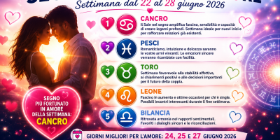 Coppia romantica al tramonto circondata da cuori luminosi e simboli zodiacali, con grafica dedicata ai segni favoriti in amore della settimana dal 22 al 28 giugno 2026.
