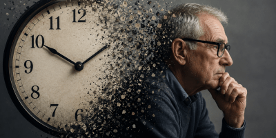 Un uomo anziano osserva pensieroso il trascorrere del tempo mentre un grande orologio si dissolve in frammenti. L'immagine rappresenta la percezione soggettiva del tempo che sembra accelerare con l'età.