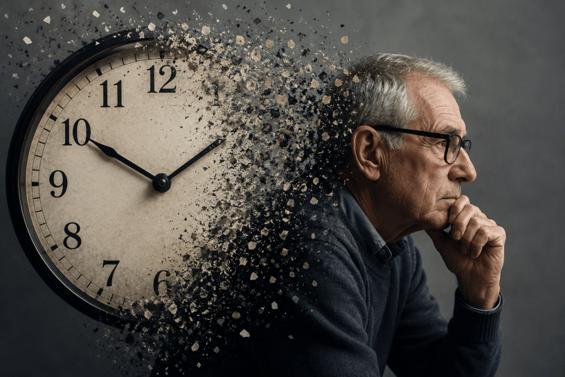 Un uomo anziano osserva pensieroso il trascorrere del tempo mentre un grande orologio si dissolve in frammenti. L'immagine rappresenta la percezione soggettiva del tempo che sembra accelerare con l'età.