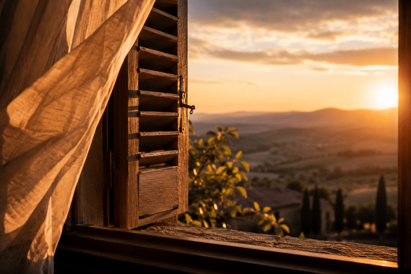 Finestra socchiusa illuminata dalla luce dorata del tramonto, con tende mosse dal vento e un paesaggio collinare sullo sfondo. Un'immagine evocativa che richiama il ritorno del vento e le emozioni dell'amore.