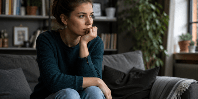Donna seduta sul divano in atteggiamento riflessivo, immersa nei propri pensieri in un ambiente domestico tranquillo, simbolo dell'introspezione e della complessità emotiva spesso associate alle persone particolarmente intelligenti.