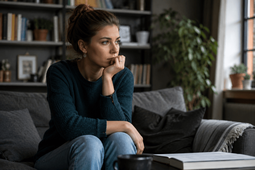 Donna seduta sul divano in atteggiamento riflessivo, immersa nei propri pensieri in un ambiente domestico tranquillo, simbolo dell'introspezione e della complessità emotiva spesso associate alle persone particolarmente intelligenti.