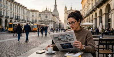 Una giovane donna con occhiali e capelli ricci raccolti siede al tavolino all'aperto del Caffè Torino e legge con attenzione il quotidiano "ITALIA NEWSPOST". La prima pagina mostra chiaramente il titolo "IL RISCHIO DELL'ISOLAMENTO SOCIALE NELL'ERA DEGLI ALGORITMI". Sul tavolo di legno sono disposti una tazzina di caffè con piattino, uno smartphone e un libro. Sullo sfondo si apre lo scorcio di una storica via di Torino con i tipici portici, passanti, tram arancioni in movimento e la sagoma della Mole Antonelliana che svetta nel cielo al tramonto.