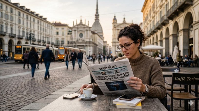 Una giovane donna con occhiali e capelli ricci raccolti siede al tavolino all'aperto del Caffè Torino e legge con attenzione il quotidiano "ITALIA NEWSPOST". La prima pagina mostra chiaramente il titolo "IL RISCHIO DELL'ISOLAMENTO SOCIALE NELL'ERA DEGLI ALGORITMI". Sul tavolo di legno sono disposti una tazzina di caffè con piattino, uno smartphone e un libro. Sullo sfondo si apre lo scorcio di una storica via di Torino con i tipici portici, passanti, tram arancioni in movimento e la sagoma della Mole Antonelliana che svetta nel cielo al tramonto.