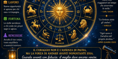 Manifesto astrologico dell'oroscopo del 20 giugno 2026 con ruota zodiacale dorata, cielo stellato, simboli dei dodici segni, citazioni motivazionali e personaggi famosi associati ai rispettivi segni zodiacali.