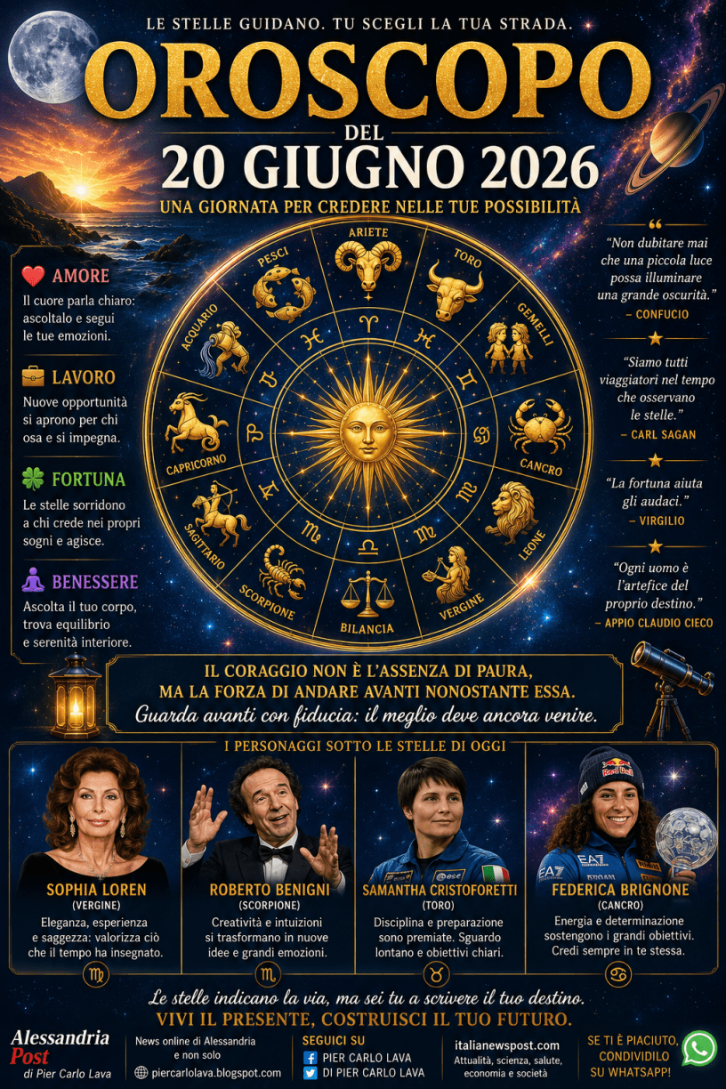 Manifesto astrologico dell'oroscopo del 20 giugno 2026 con ruota zodiacale dorata, cielo stellato, simboli dei dodici segni, citazioni motivazionali e personaggi famosi associati ai rispettivi segni zodiacali.