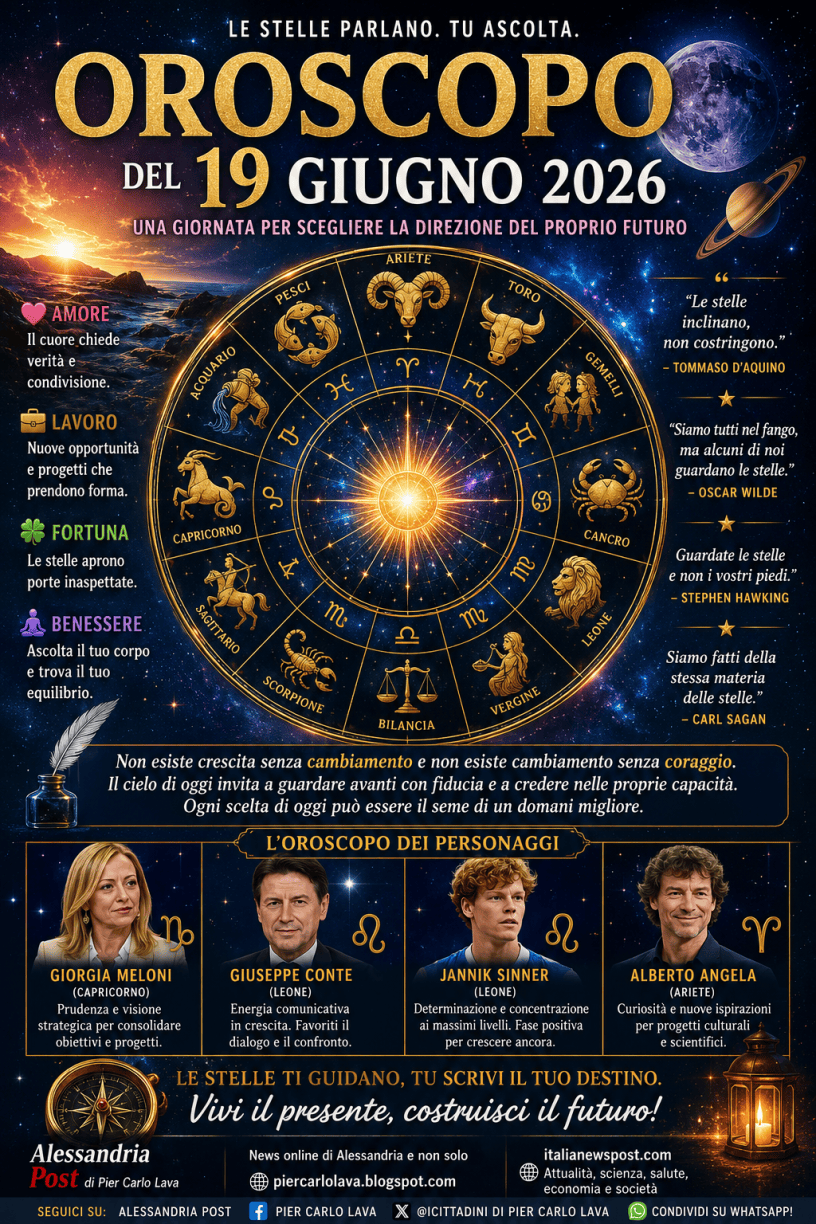 Manifesto astrologico dell'oroscopo del 19 giugno 2026 con grande ruota zodiacale dorata, cielo cosmico ricco di stelle, citazioni celebri, simboli dei dodici segni zodiacali e previsioni dedicate a personaggi famosi.