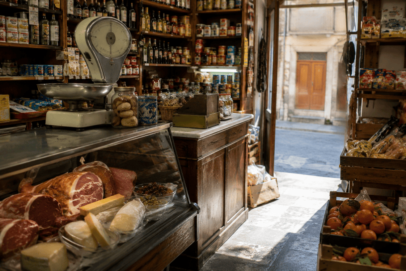 Interno di una tradizionale bottega di paese con banco dei salumi e dei formaggi, scaffali pieni di conserve, frutta fresca e atmosfera calda che richiama i negozi di una volta.