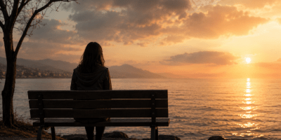 Persona seduta da sola su una panchina davanti al mare al tramonto, immersa in una profonda riflessione mentre il sole illumina l'acqua con sfumature dorate.
