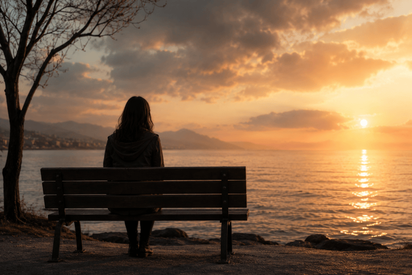 Persona seduta da sola su una panchina davanti al mare al tramonto, immersa in una profonda riflessione mentre il sole illumina l'acqua con sfumature dorate.