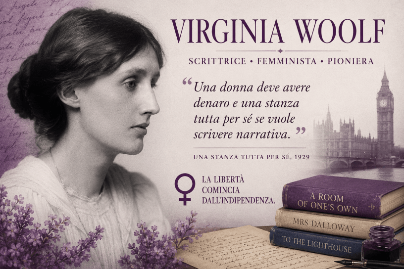 Ritratto artistico di Virginia Woolf in stile fotografico vintage, affiancato da libri, manoscritti e simboli del femminismo. Sullo sfondo Londra e una celebre citazione tratta da Una stanza tutta per sé.