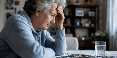 Anziana seduta a un tavolo di casa con una mano appoggiata alla fronte mentre osserva pensierosa alcuni pezzi di puzzle, immagine che richiama i problemi di memoria e le difficoltà cognitive legate alla demenza.