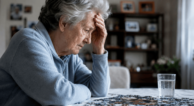 Anziana seduta a un tavolo di casa con una mano appoggiata alla fronte mentre osserva pensierosa alcuni pezzi di puzzle, immagine che richiama i problemi di memoria e le difficoltà cognitive legate alla demenza.