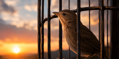 Uccello in gabbia illuminato dalla luce del tramonto. L'immagine rappresenta simbolicamente il desiderio di libertà, la speranza e il tema centrale della poesia Sympathy di Paul Laurence Dunba