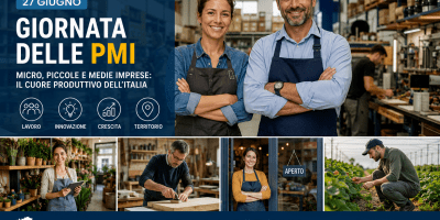 Imprenditori e lavoratori in una piccola impresa italiana durante la Giornata delle Micro, Piccole e Medie Imprese, simbolo di innovazione, lavoro e crescita economica.