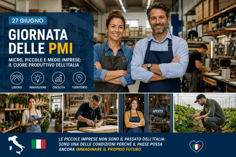 Imprenditori e lavoratori in una piccola impresa italiana durante la Giornata delle Micro, Piccole e Medie Imprese, simbolo di innovazione, lavoro e crescita economica.