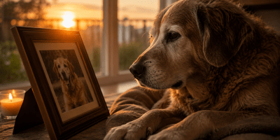 Cane anziano osserva la fotografia di un altro cane al tramonto, immagine simbolica del legame affettivo e del possibile lutto nel mondo animale.